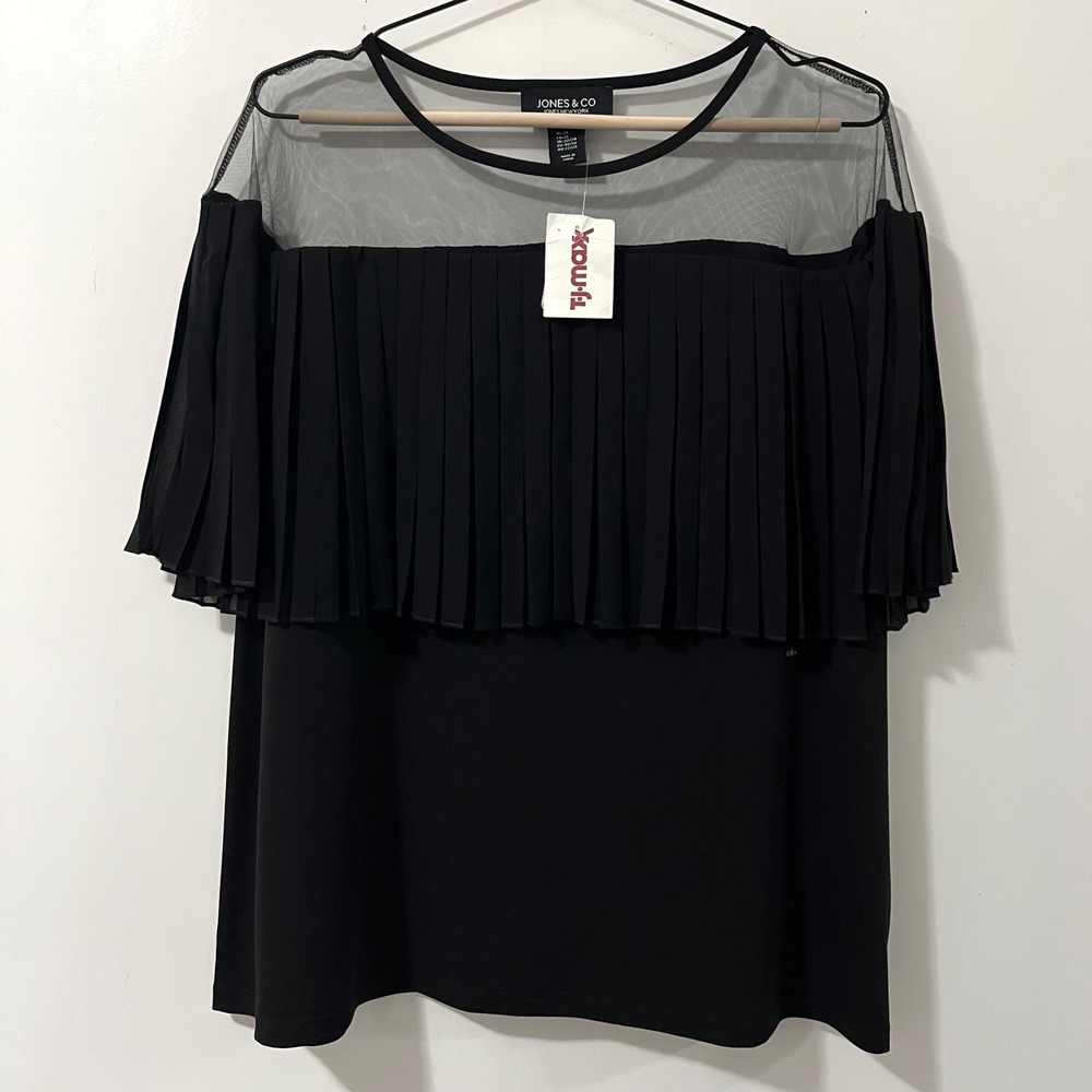 Jones & Co Jones New York Womens 2X Black Pleated Cape‎ Sleeve Mesh Yoke Top NEW